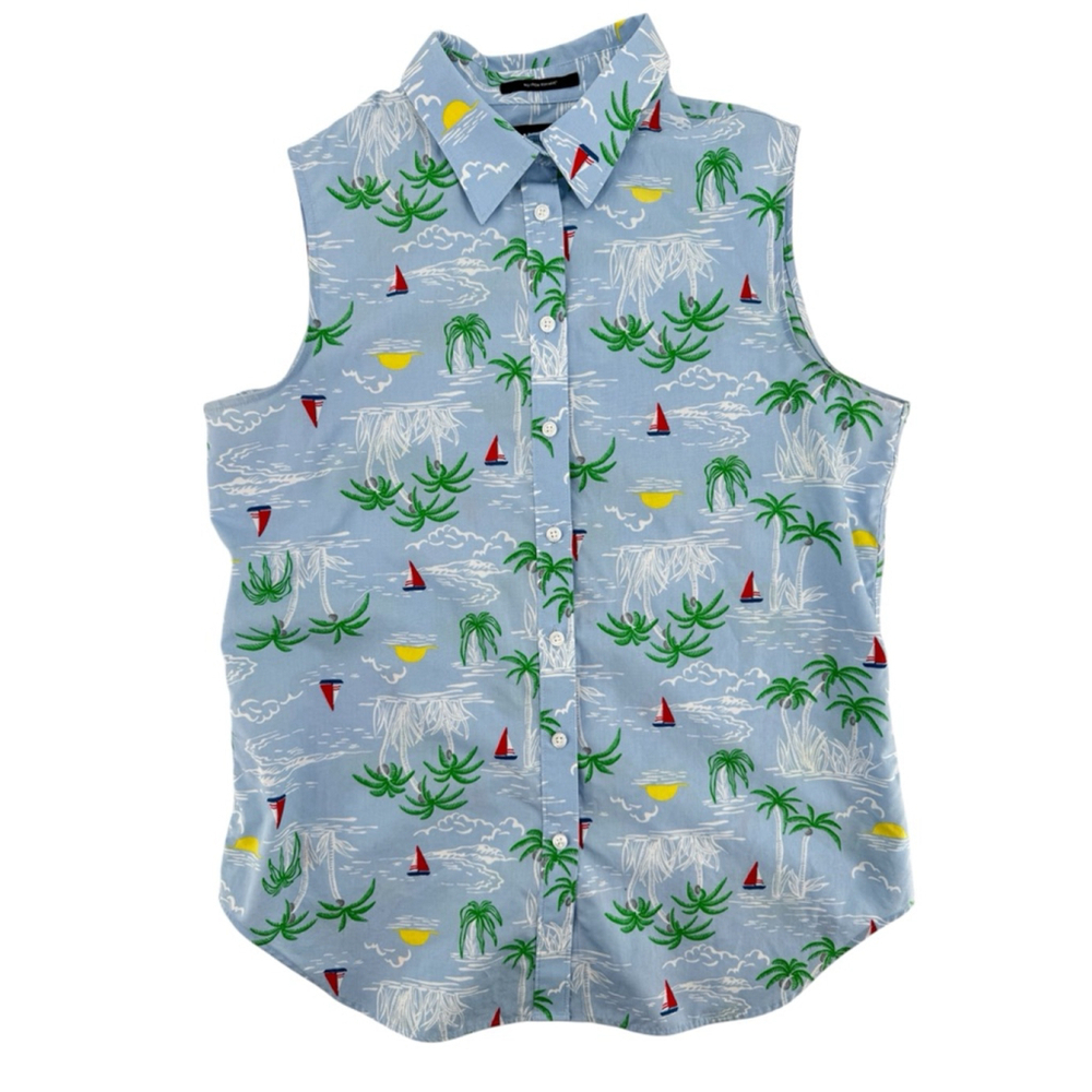 Lands' End Sleeveless Top No Iron Supima Cotton Sailboats Palm Trees Tropical 6